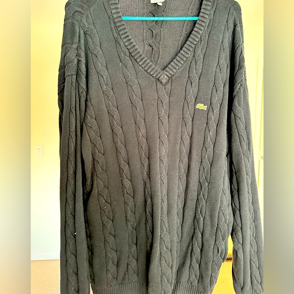Lovely black cableknit v-neck cricket sweater by LaCoste